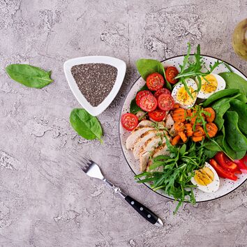 Teller gefüllt mit Gemüse, Ei, Hühnchen, daneben eine Gabel und eine Schale mit Chia